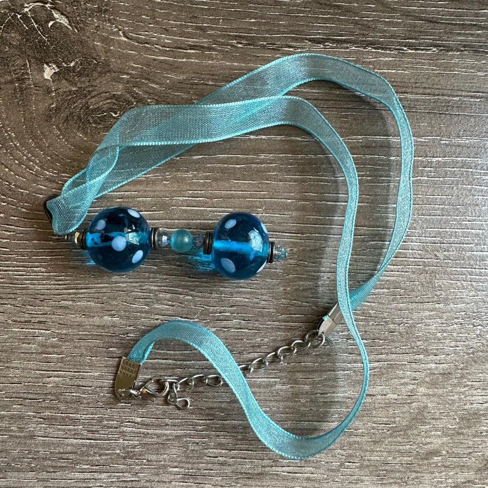 Blue and polkadot lampwork handmade Beaded Necklace with Ribbon